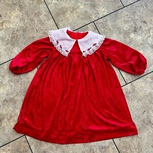 Vintage Girls 3-6years Red Velvet  Dress Bib Lace with Rose Handmade